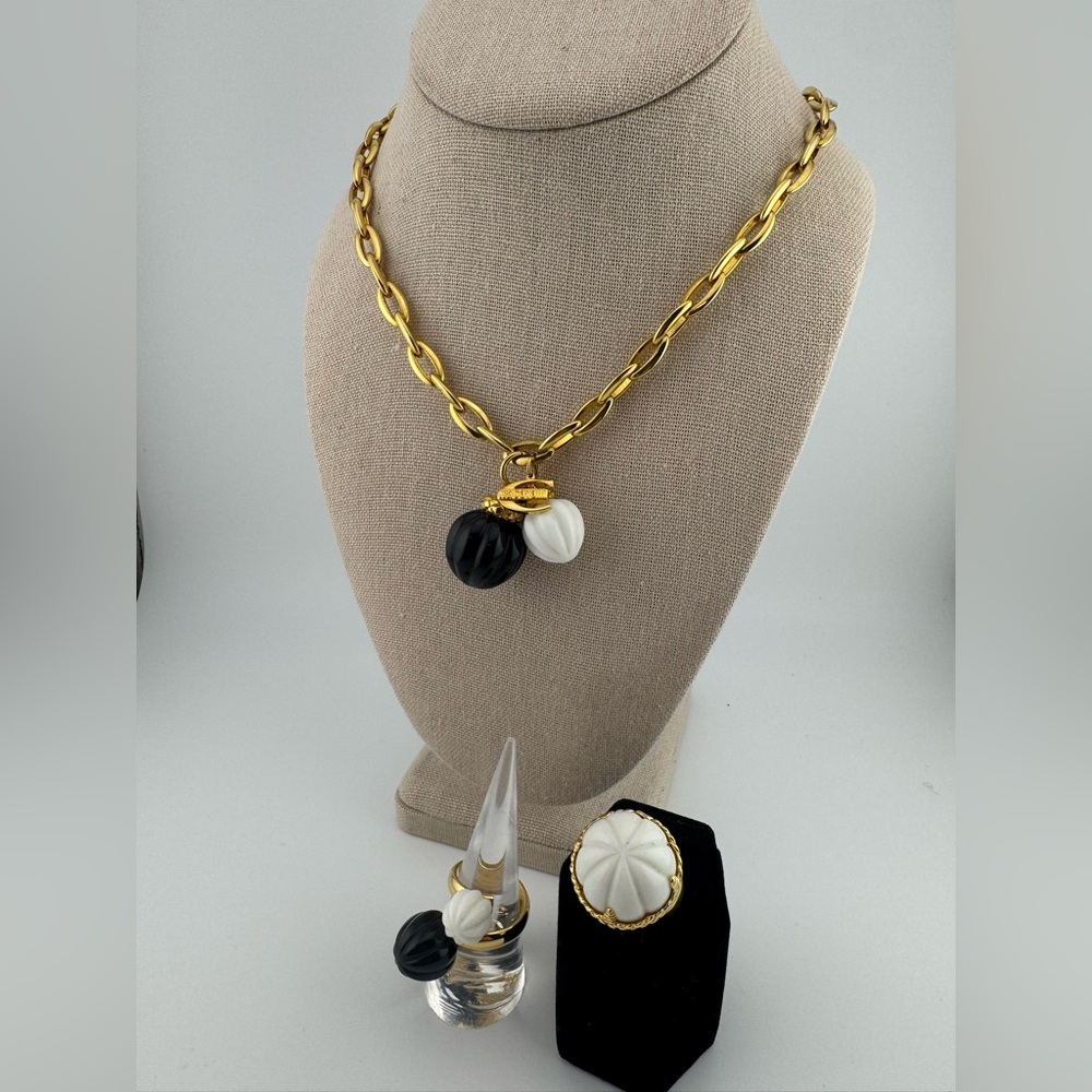 Just Cavalli by Roberto Cavalli Goldtone and White Agate Necklace and Ring Set